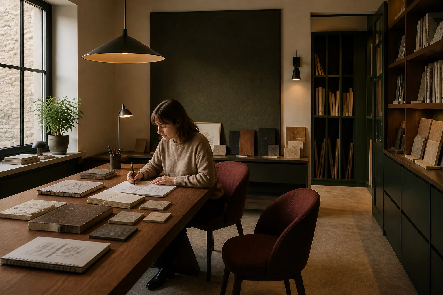 LUX Studio portfolio project: a designer at a long desk of samples in the studio library