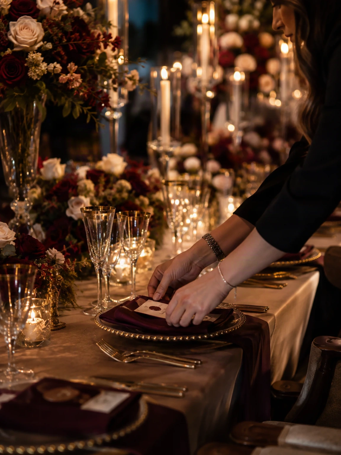 NAVA Events portfolio project: a planner setting a menu card on a candlelit table