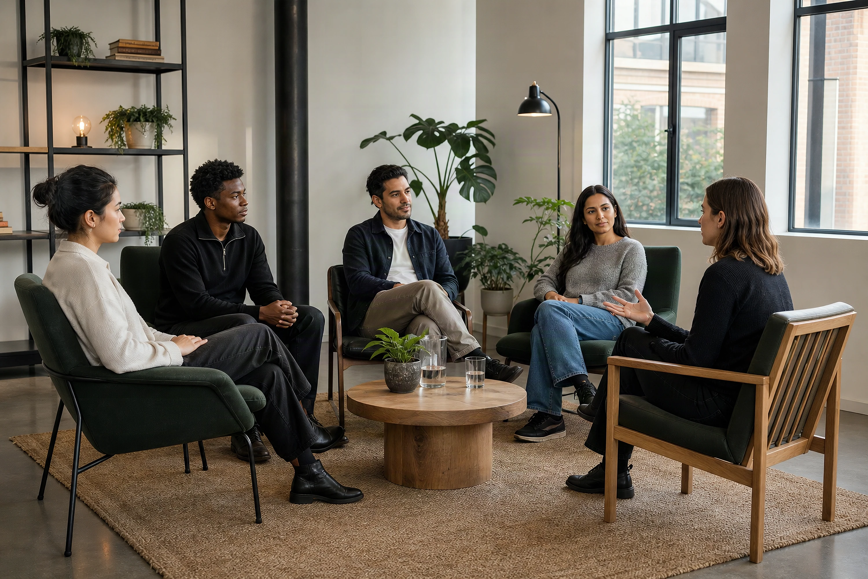 Northline Works portfolio project: members talking in armchairs during office hours