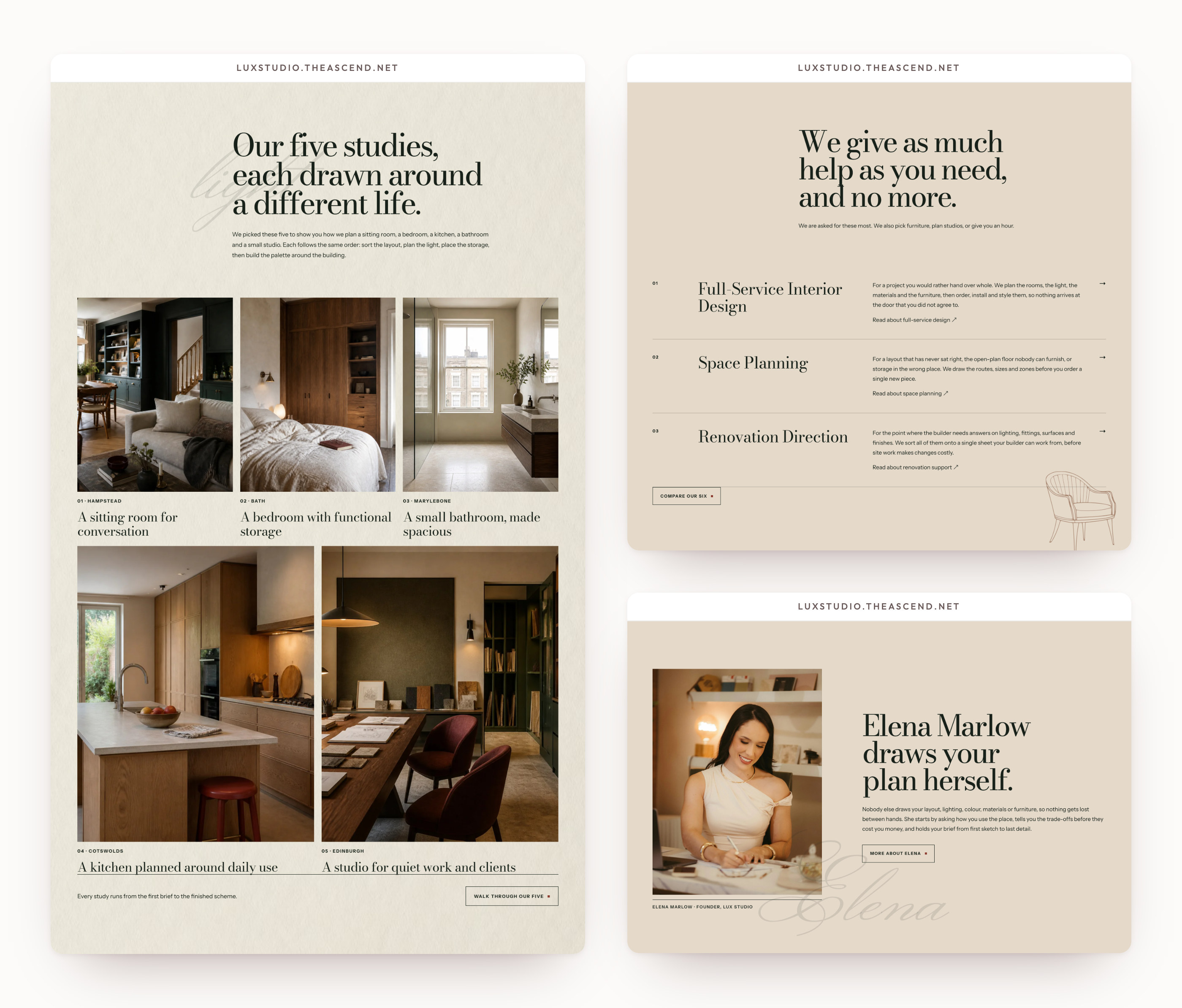 LUX Studio: three homepage sections, the five studies, the three main services and Elena Marlow.