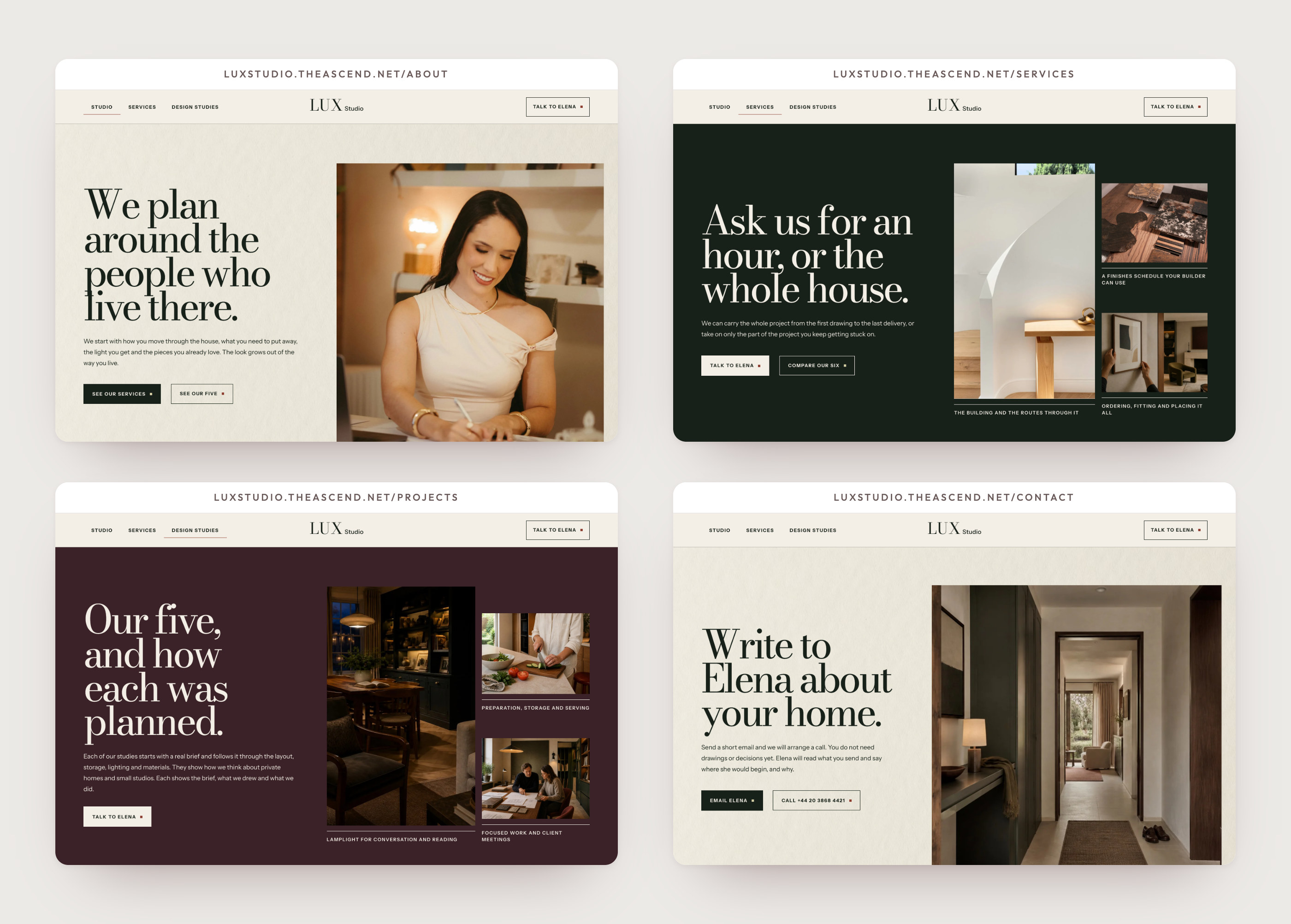 LUX Studio: the About, Services, Projects and Contact pages, each led by its own photography.