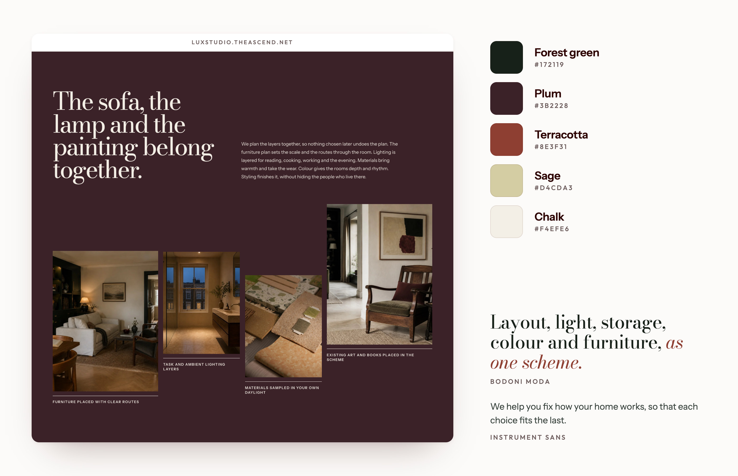 LUX Studio: the palette sampled from the pages, the two typefaces, and a room view that leads to captioned details.