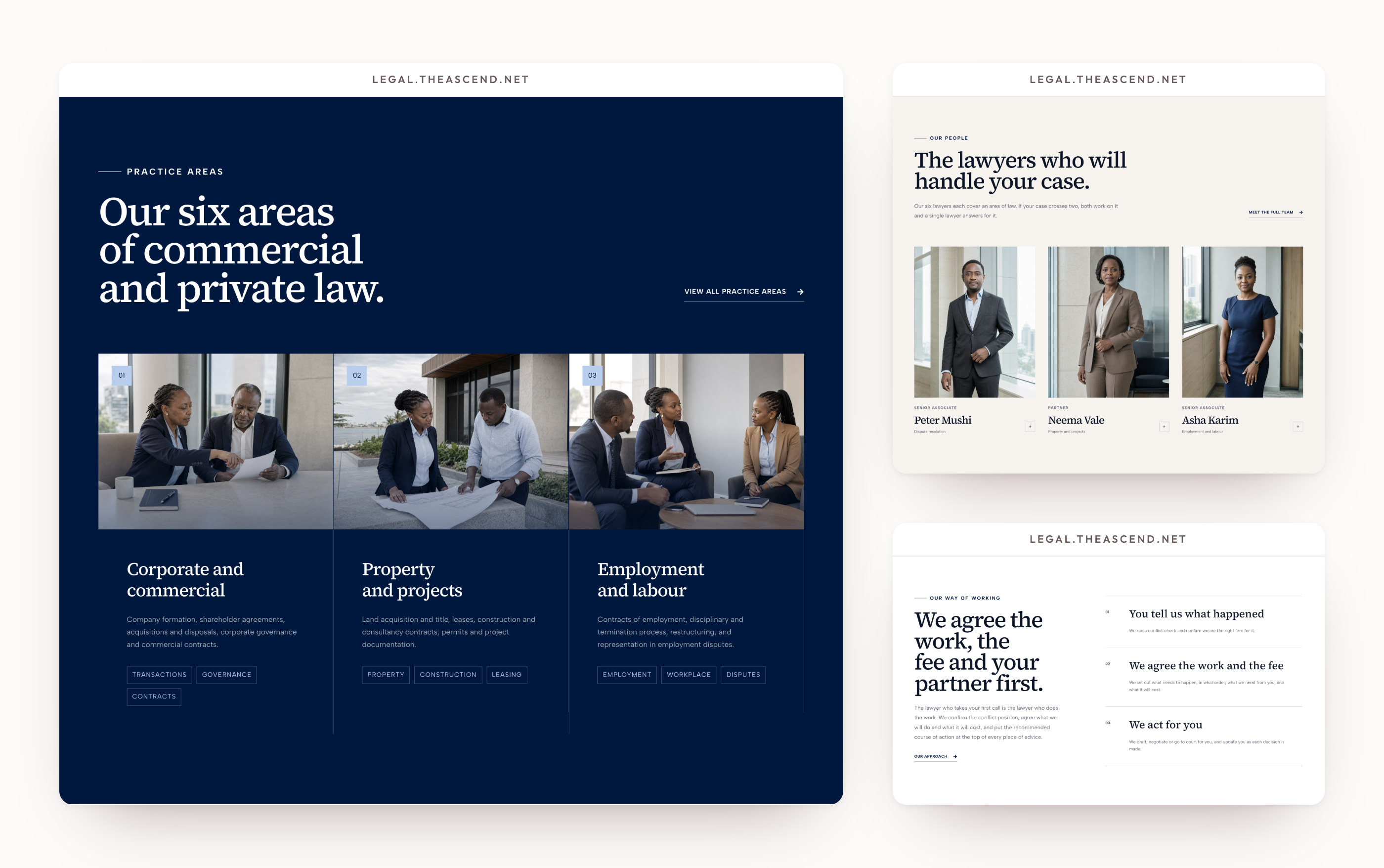 Morrow & Vale: the six areas of law, the lawyers who would handle the case, and how the work and the fee are agreed.