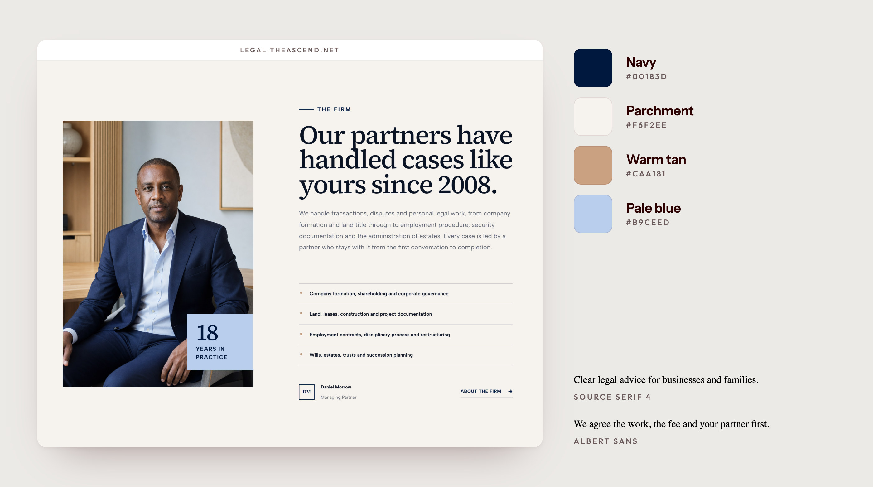 Morrow & Vale: the palette from the pages, the two typefaces, and the partners section.