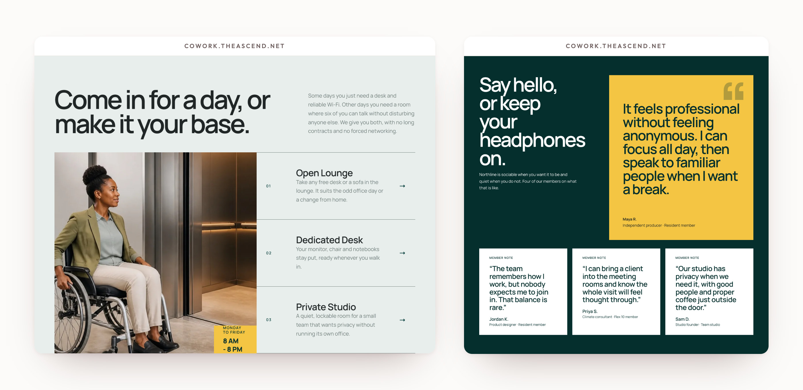 Northline Works: the open lounge, a dedicated desk and a private studio, side by side.
