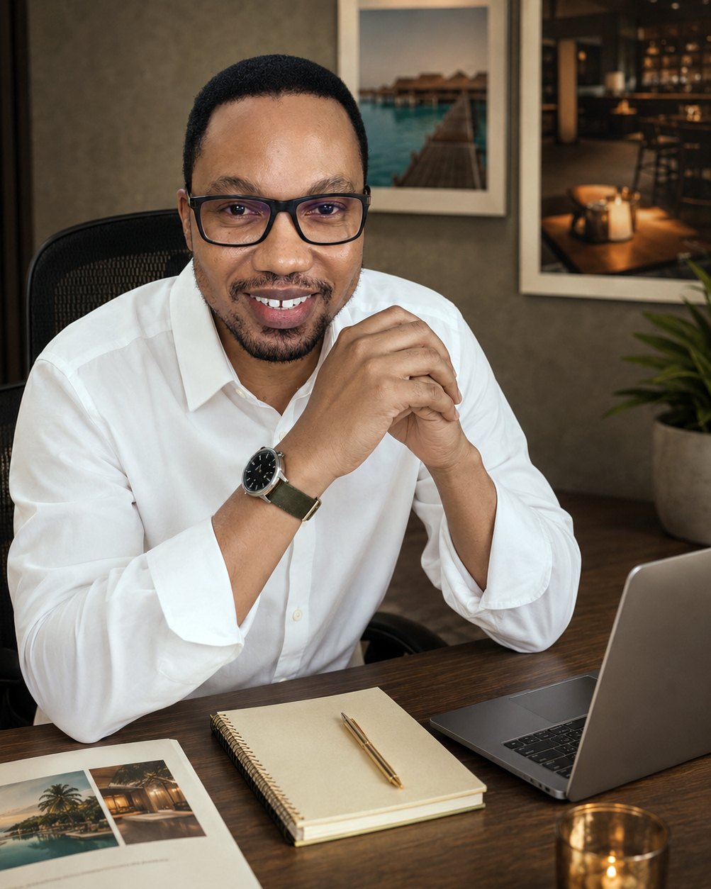 Alan at his desk, printed work spread in front of him