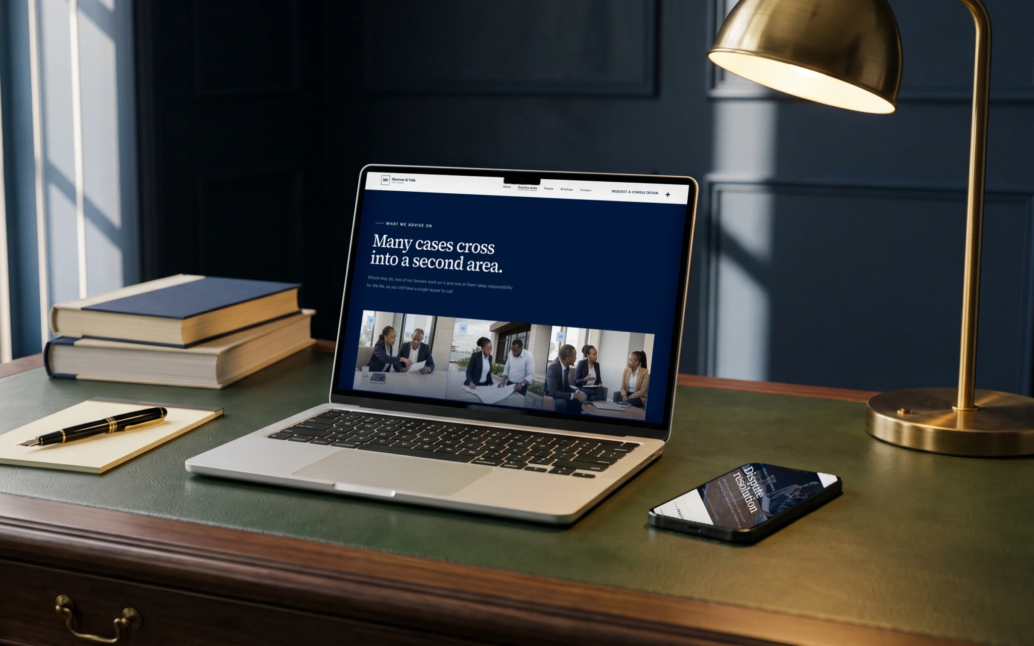 Morrow & Vale, a law firm website I designed: a page for each area of law, on a laptop and a phone.