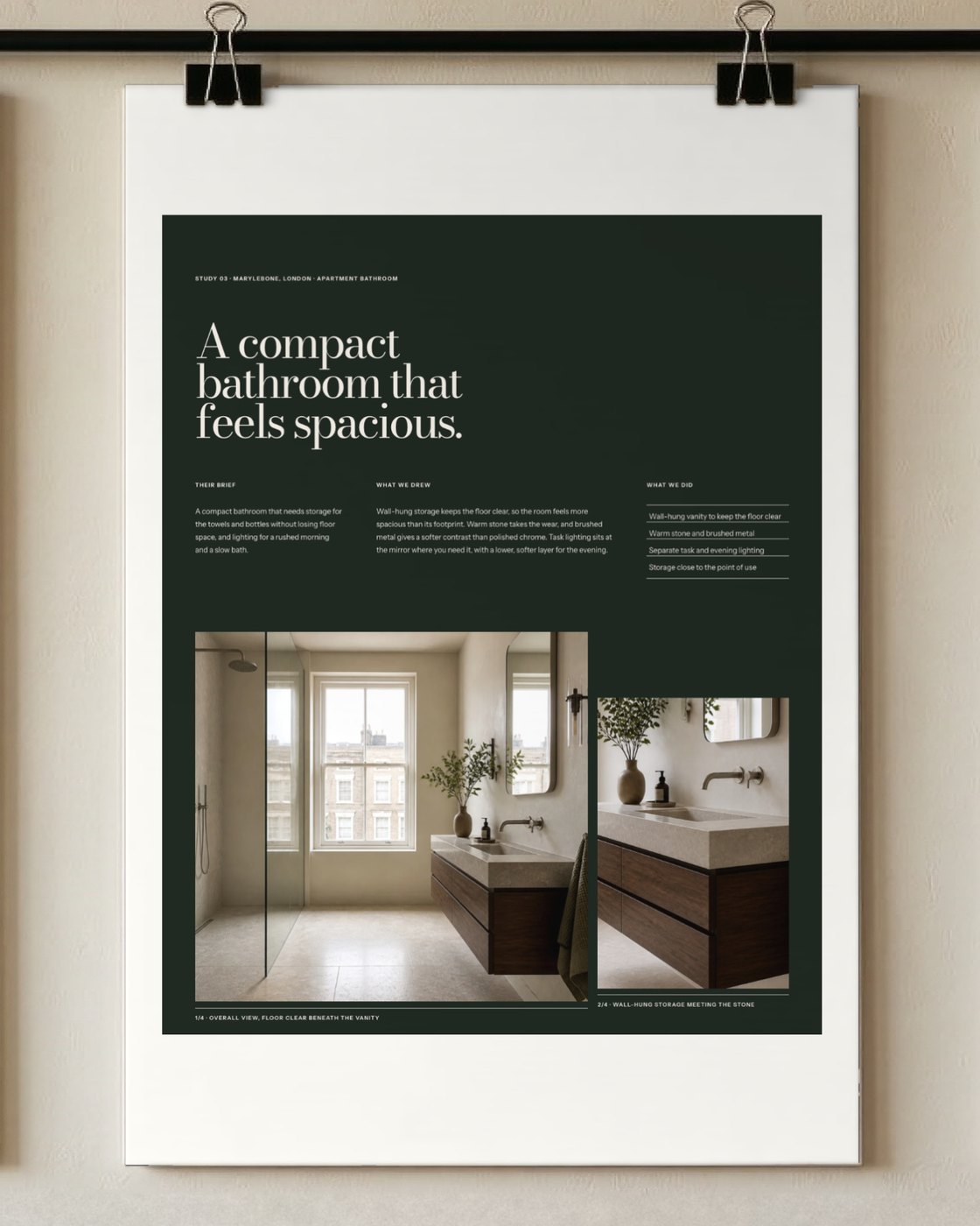 LUX Studio pages printed and hung on a plaster wall