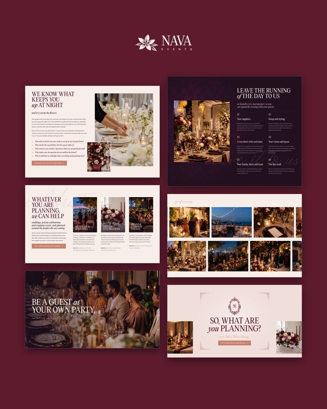 NAVA Events website sections laid out side by side