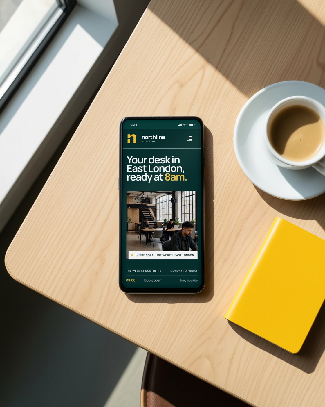 The Northline Works homepage on a phone on an oak desk