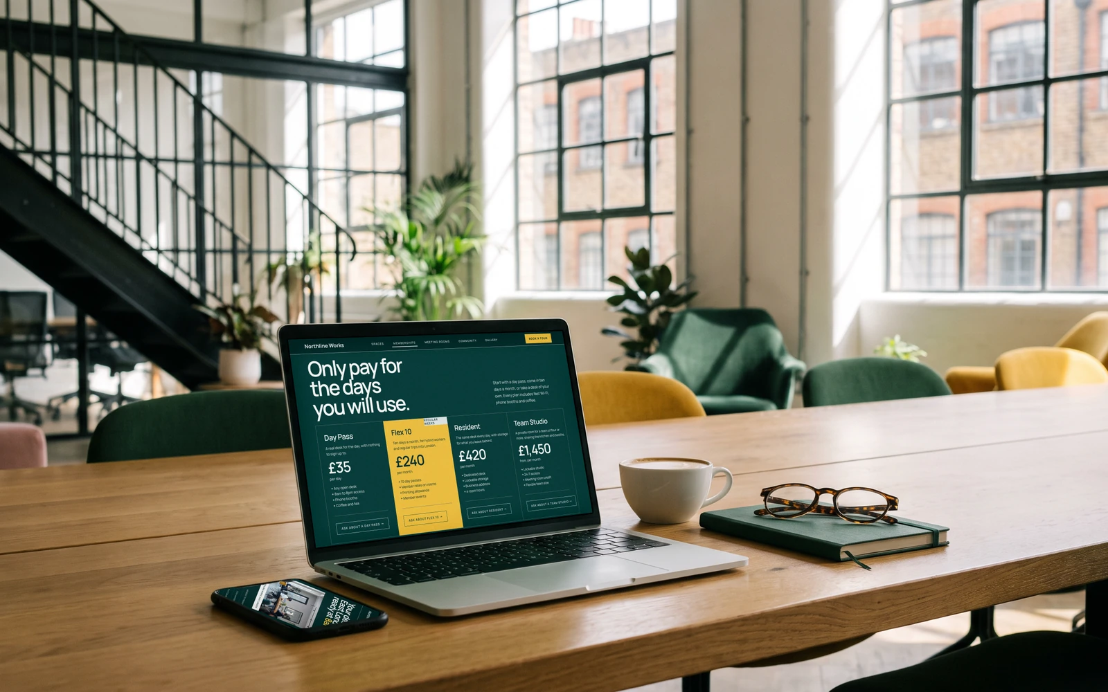 Northline Works, a coworking website I designed: memberships and rates a visitor can compare without writing first.