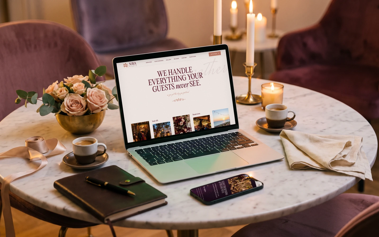 NAVA Events, an event planning website I designed, on a laptop and a phone.