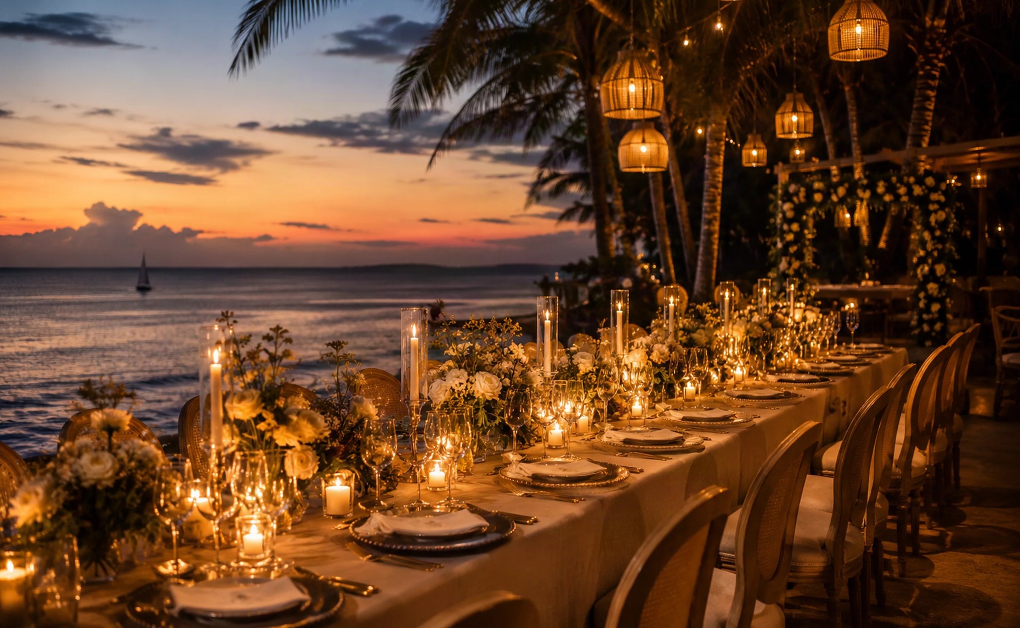 A long candlelit dinner table set by the sea at sunset