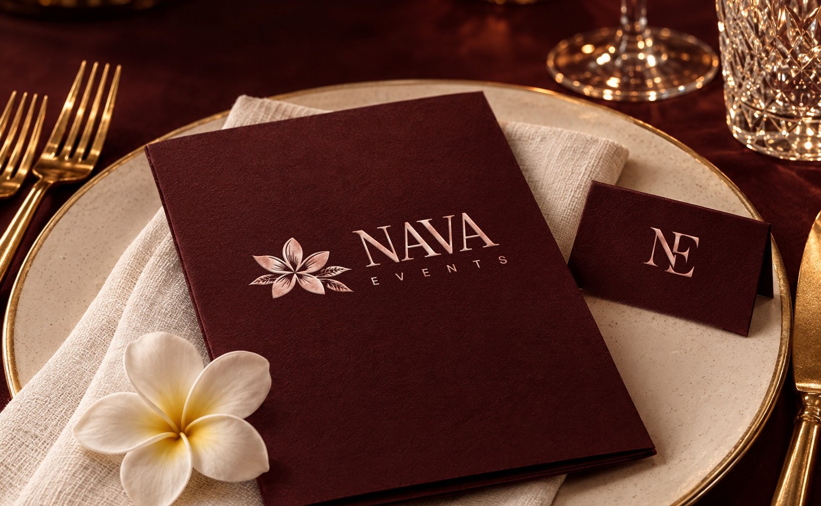 The NAVA Events menu and place card at a candlelit table