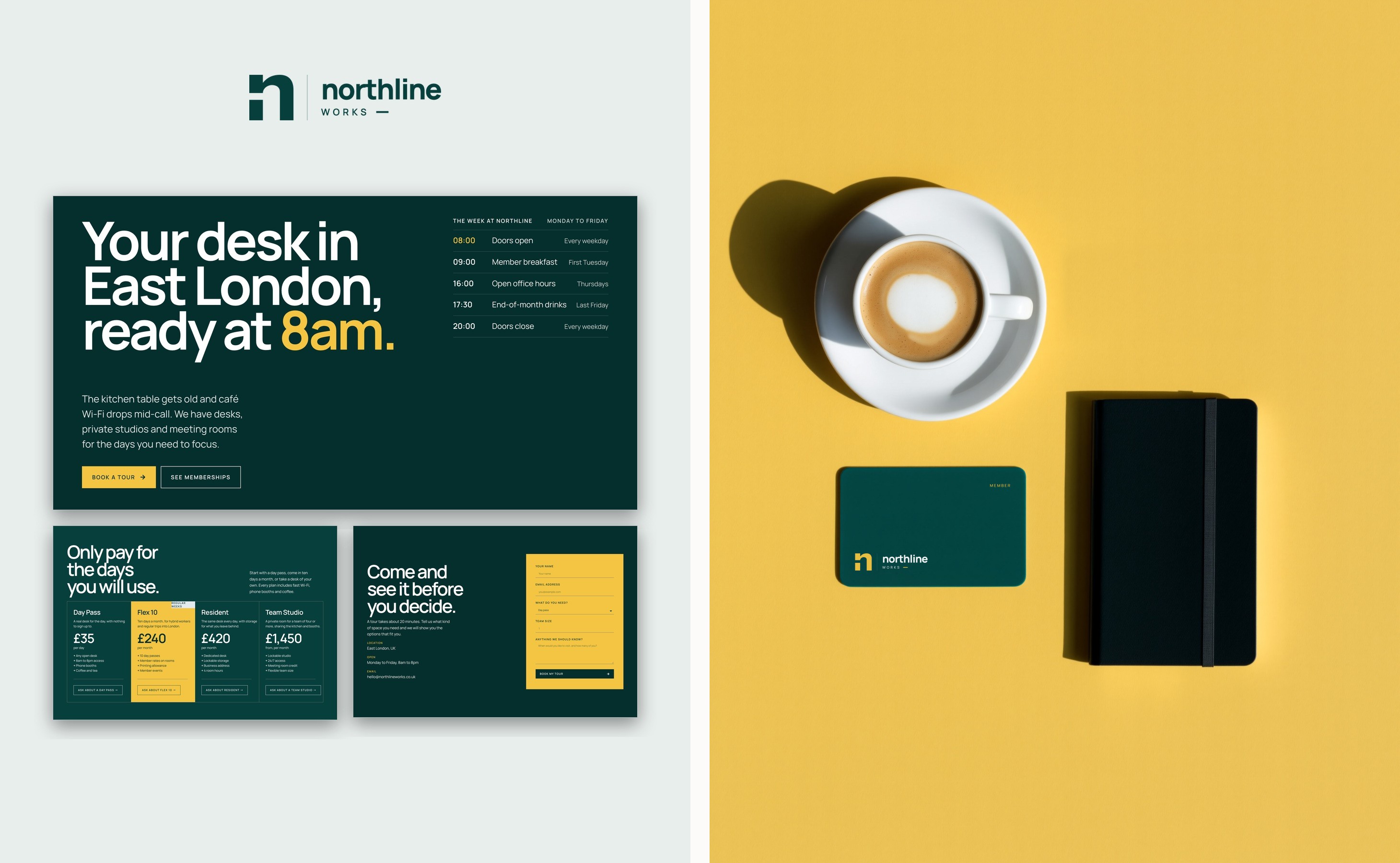 Northline Works: the page section by section, beside a member card.