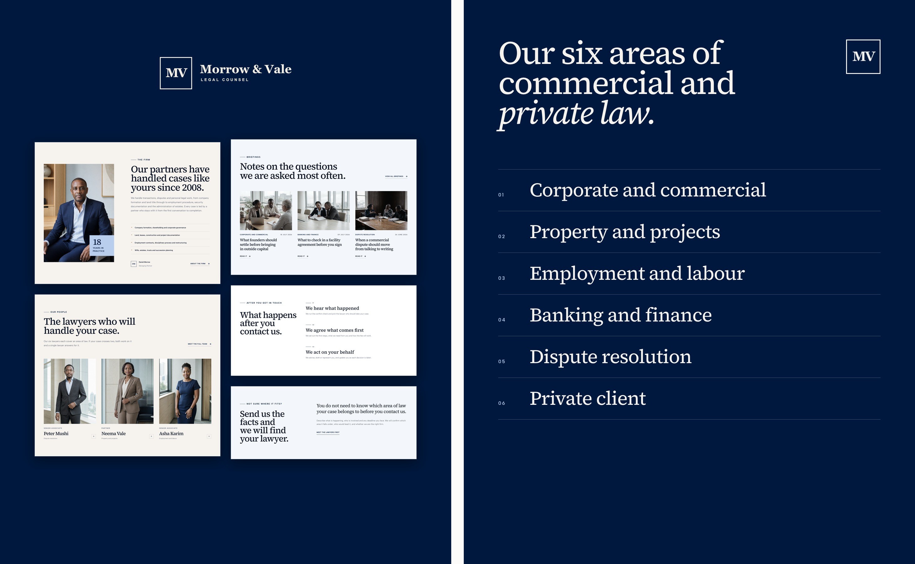 Morrow & Vale: the pages section by section, beside the six areas of law.