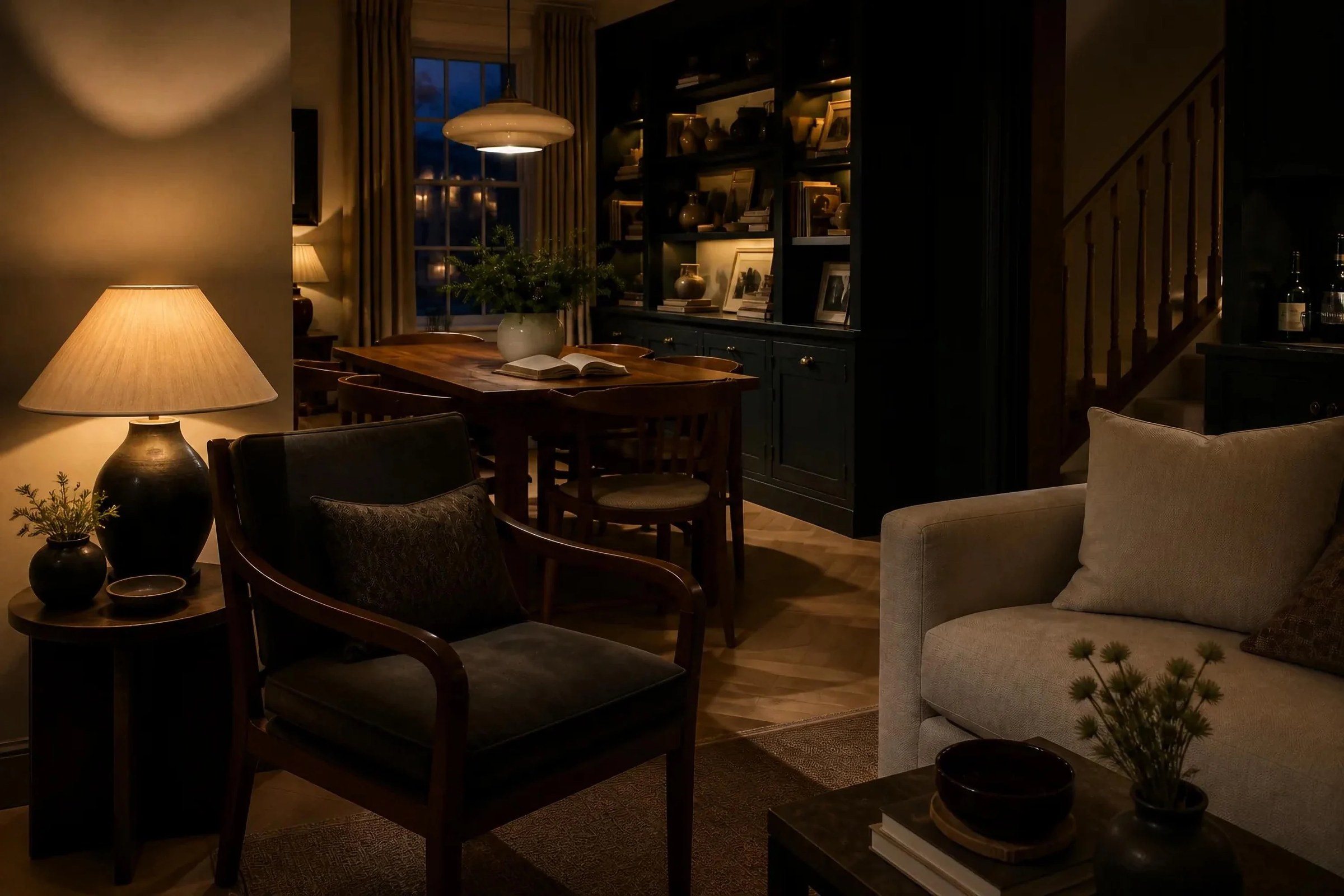 A LUX sitting room in the evening, lamps lit