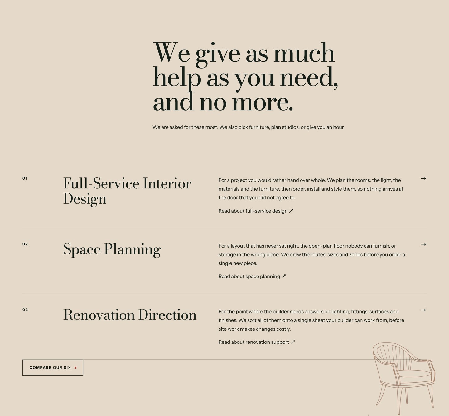 Three services: Full-Service Interior Design, Space Planning and Renovation Direction