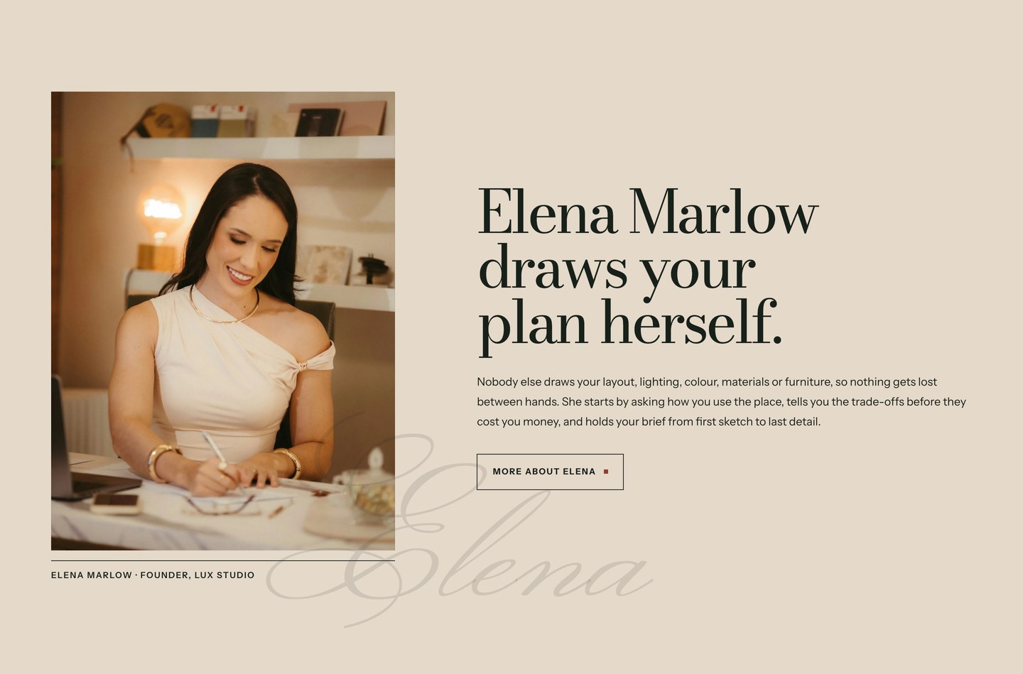 Elena Marlow at her desk, with the heading Elena Marlow draws your plan herself