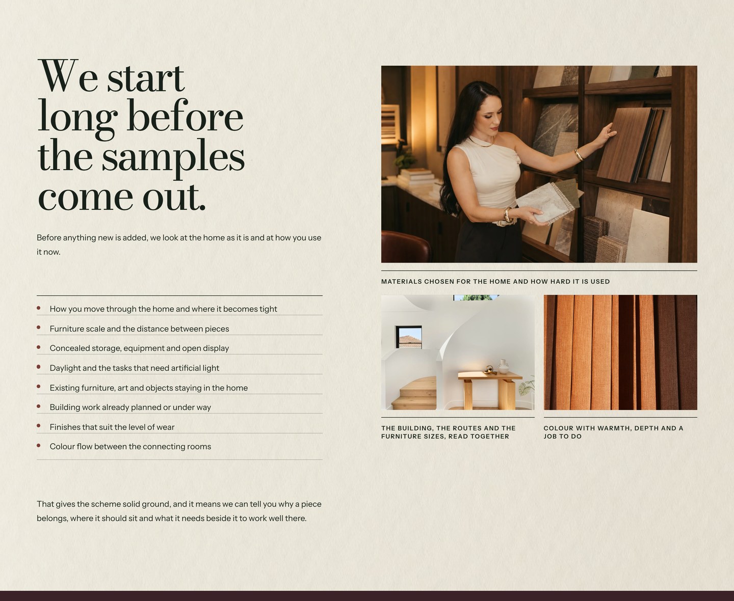 Elena among the material samples, with captioned photographs below