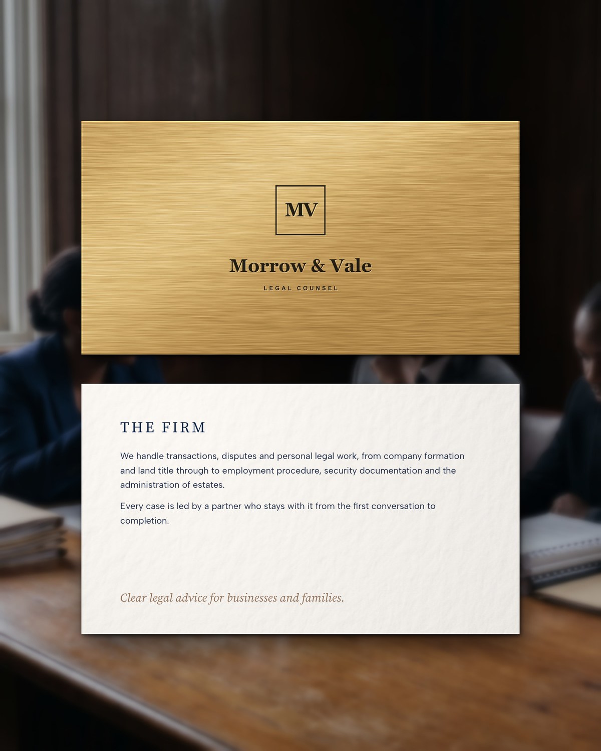 A brass name plate above the firm card