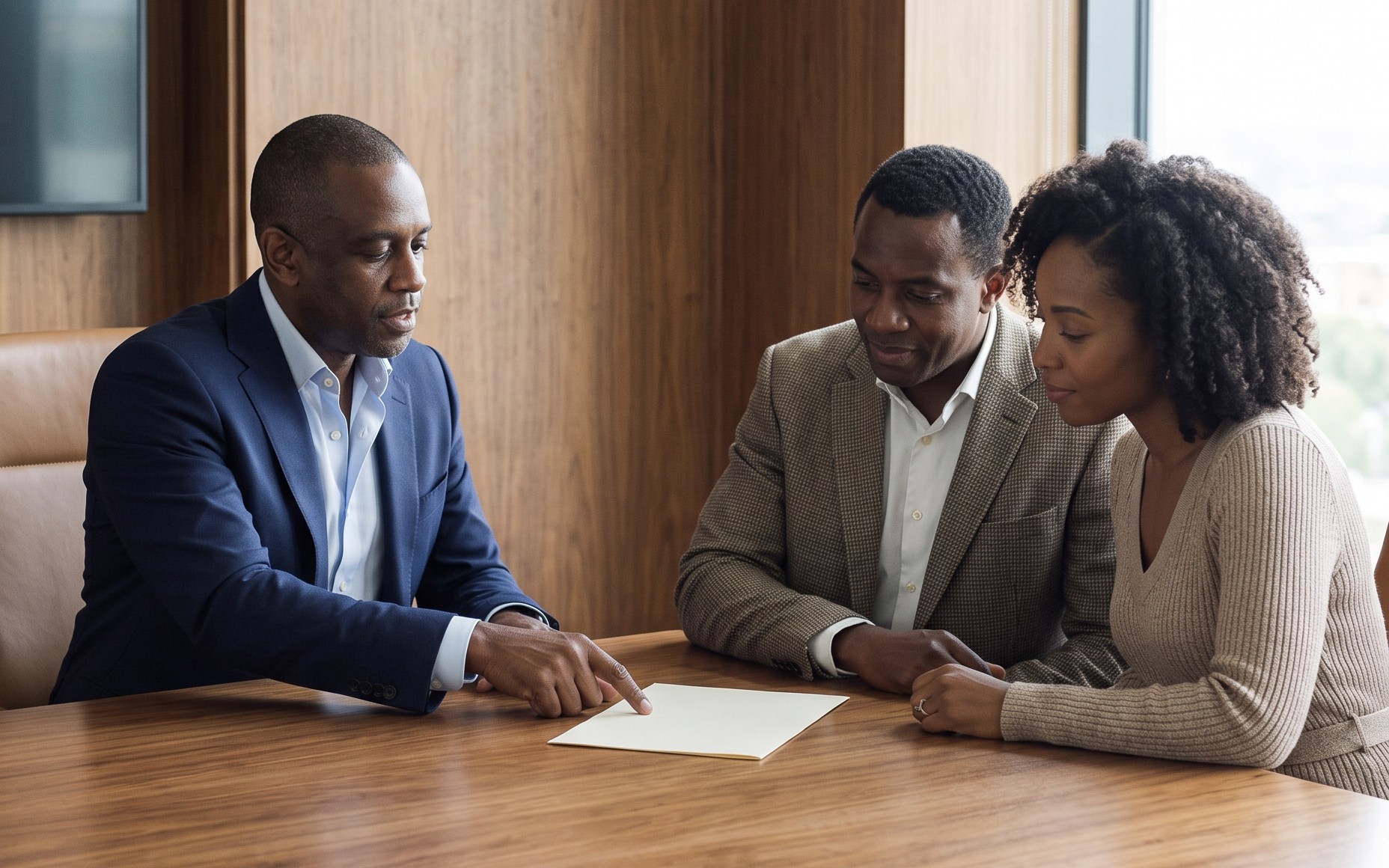 A Morrow & Vale partner going through a document with two clients