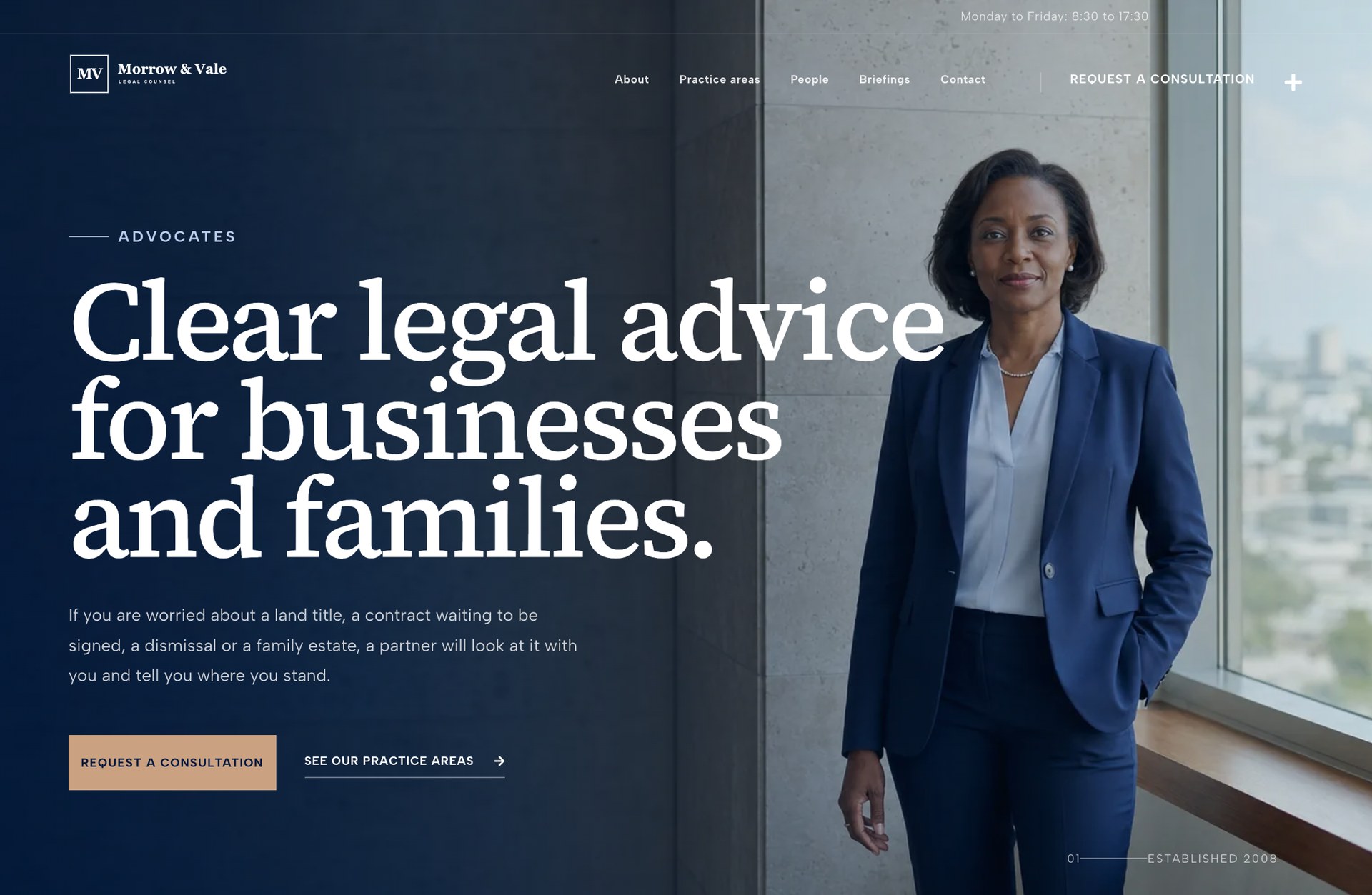 The Morrow & Vale first screen, headed Clear legal advice for businesses and families