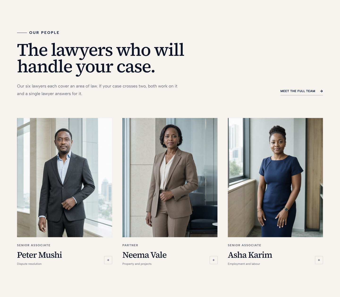 The lawyers who will handle your case, with the area each one leads