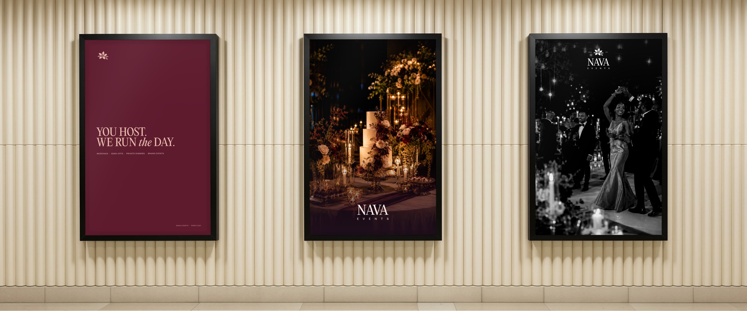 Three NAVA posters in a corridor: the promise, a decorated table and the dance floor