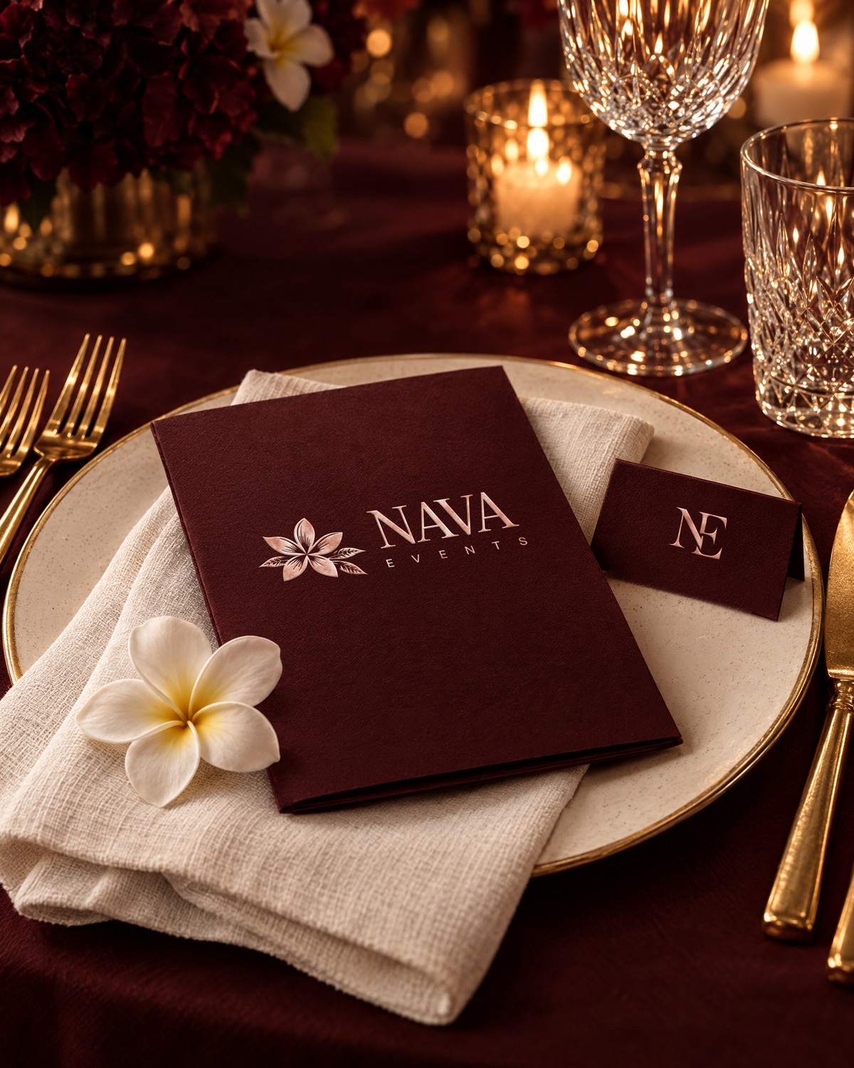 A NAVA menu folder on a place setting