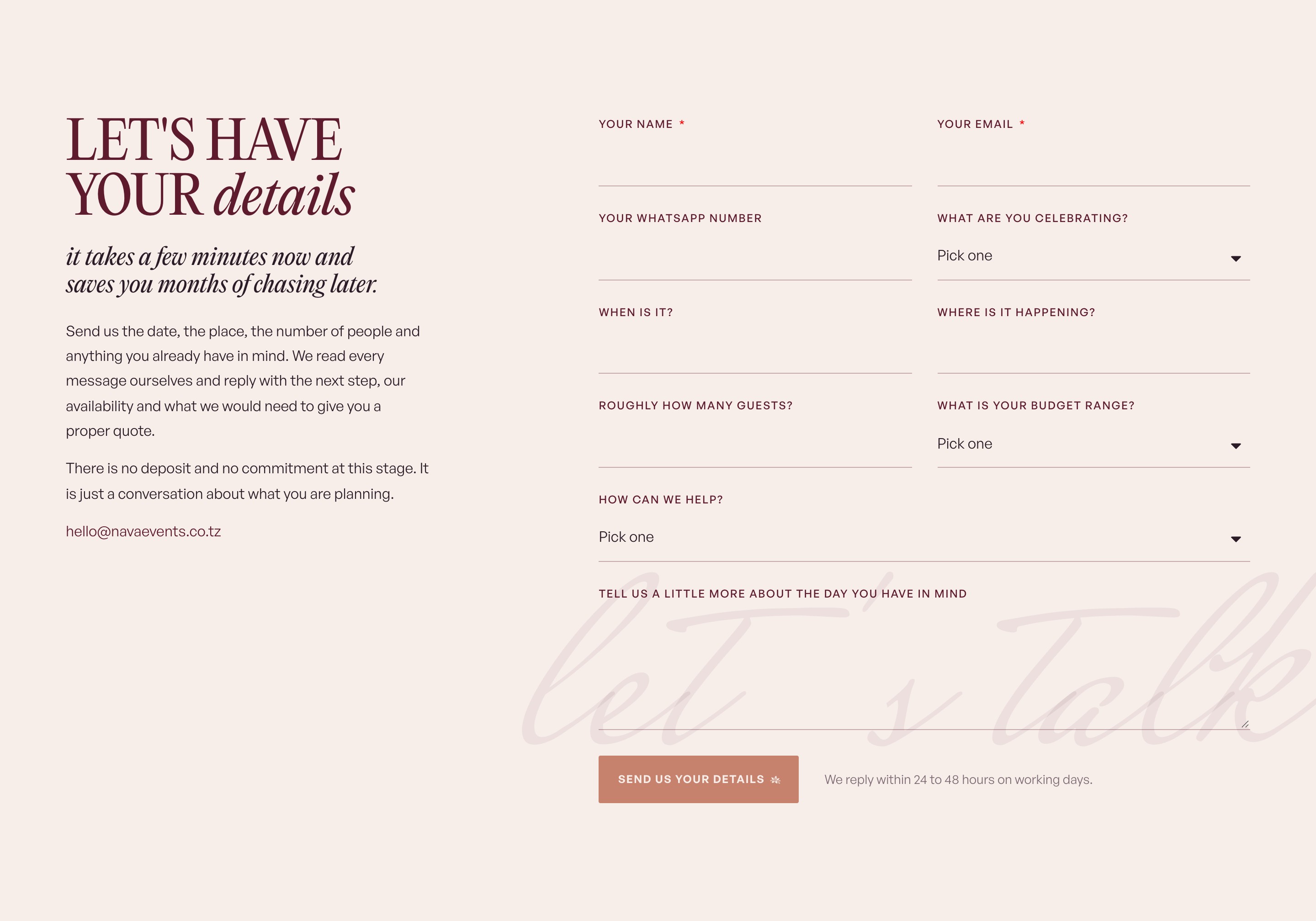 The enquiry form asking for event type, date, place and guest numbers
