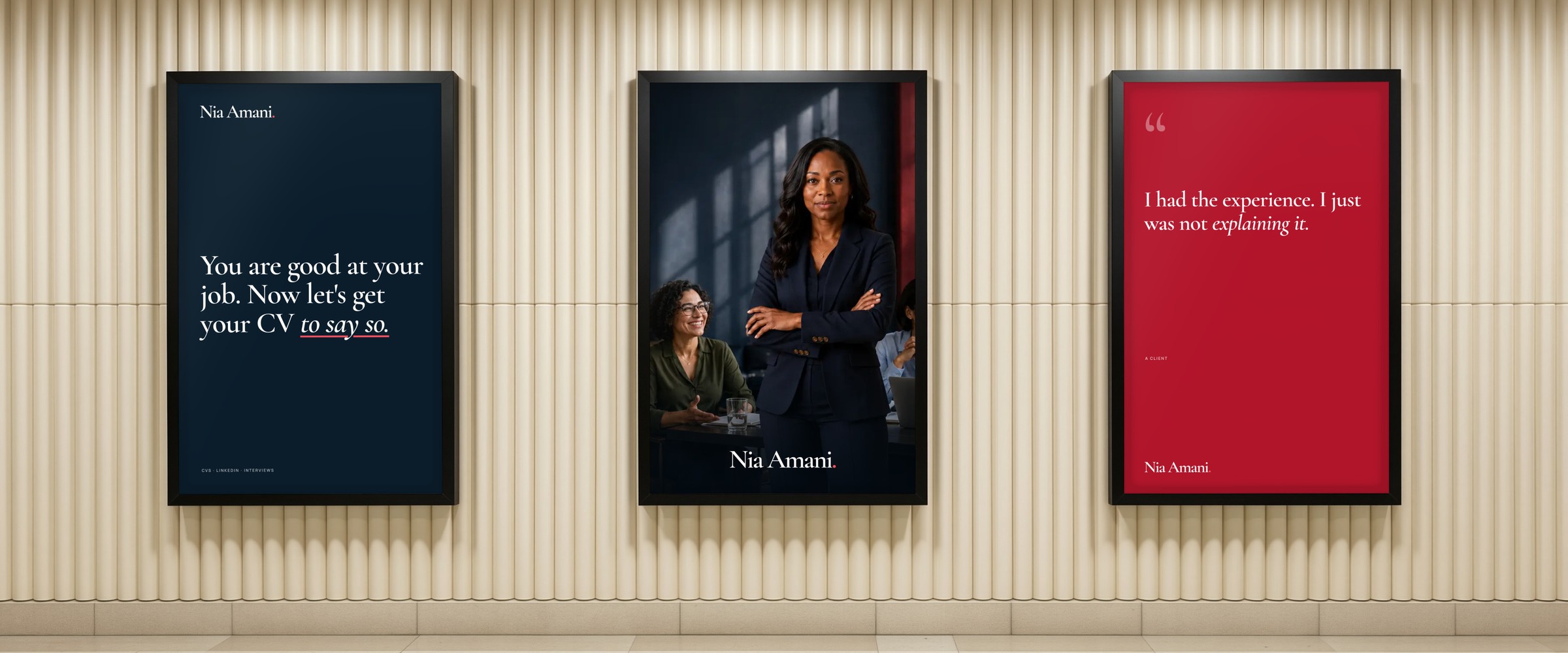 Nia Amani posters on a station wall