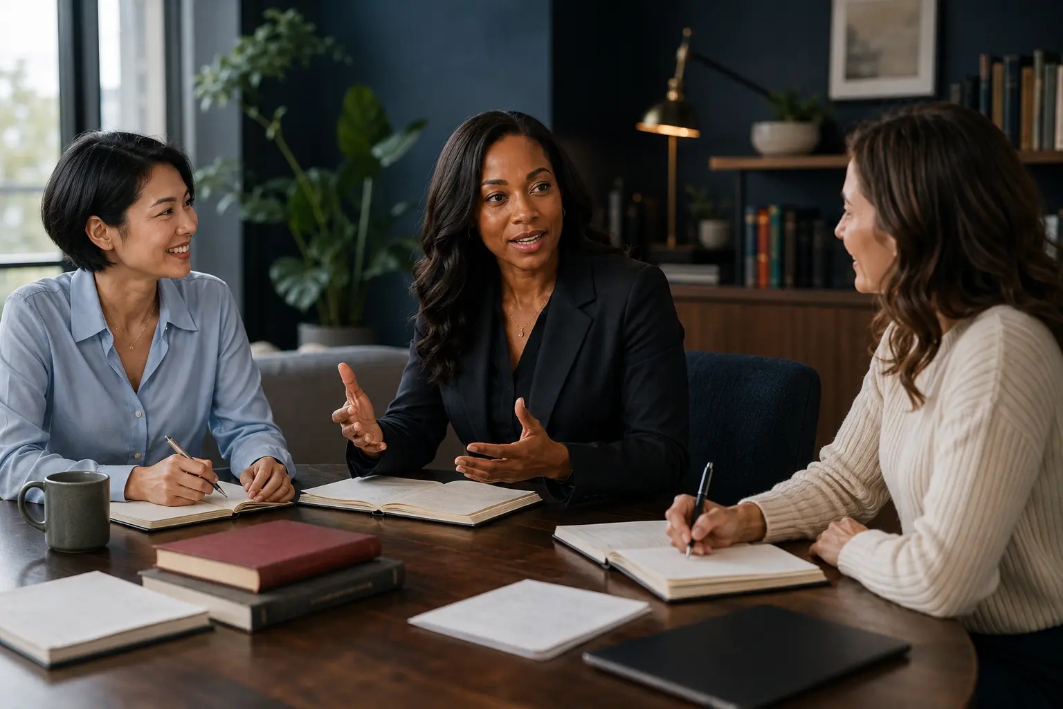 Nia with two clients at a table of notebooks