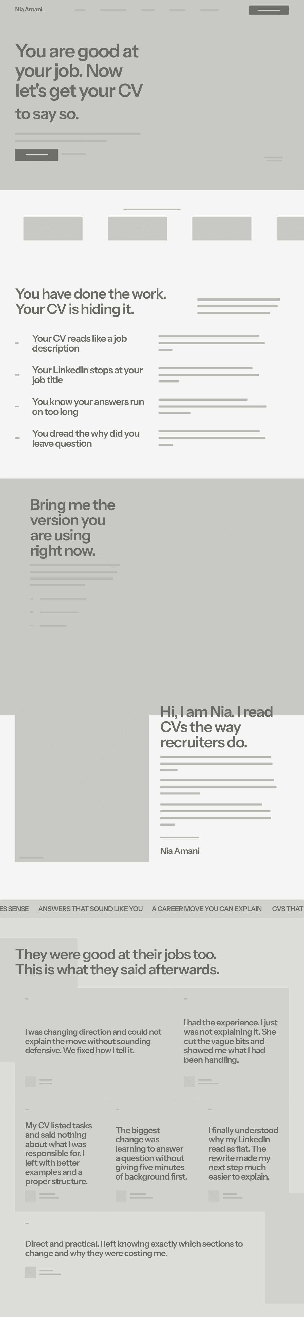 The grey wireframe of the Nia Amani home page