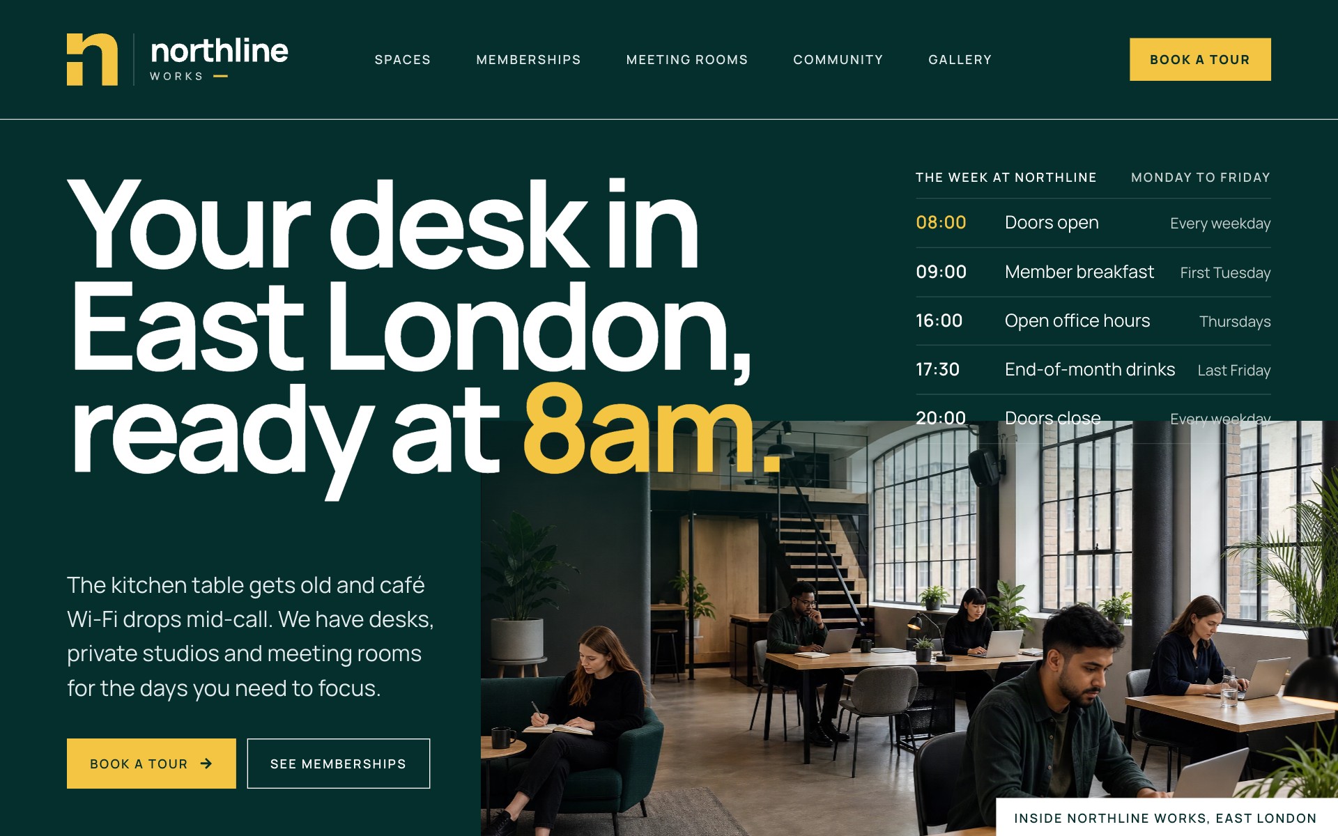 The Northline Works first screen: Your desk in East London, ready at 8am.