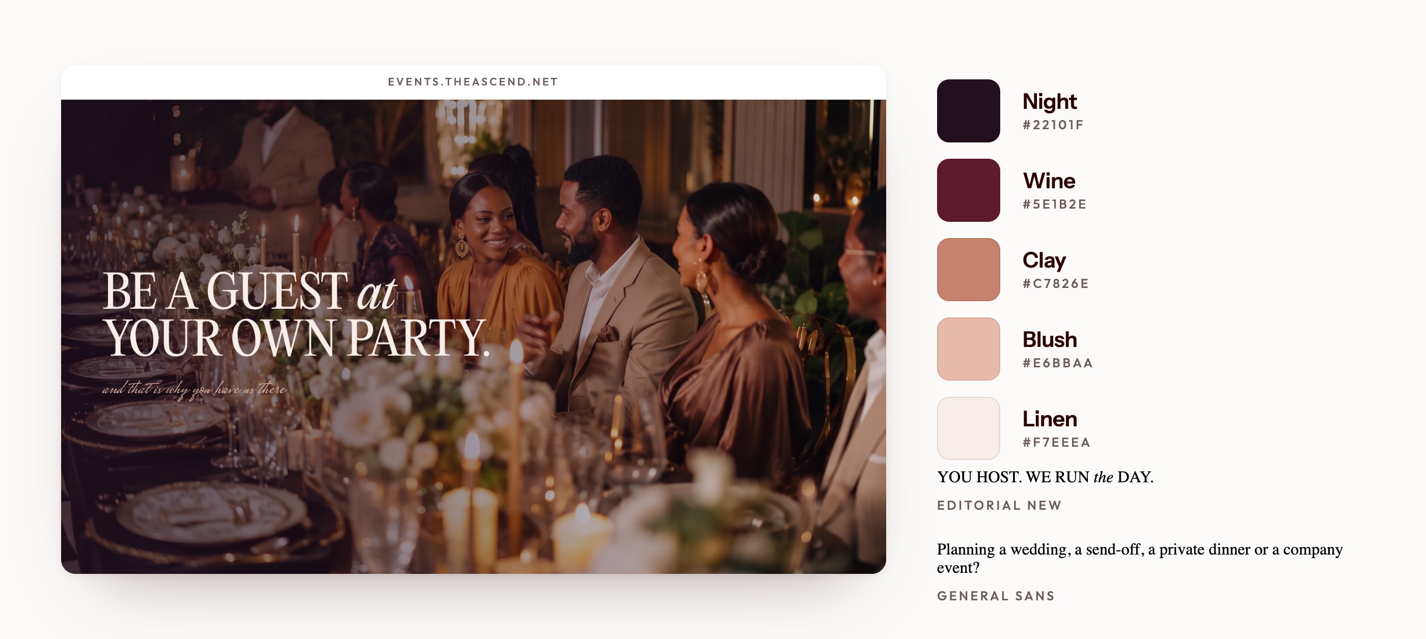 NAVA Events: the palette taken from the pages, the two typefaces, and the section that carries the evening.
