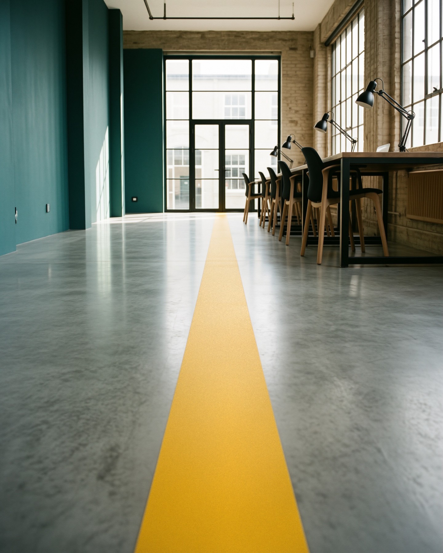 Northline Works: the yellow line along the concrete floor